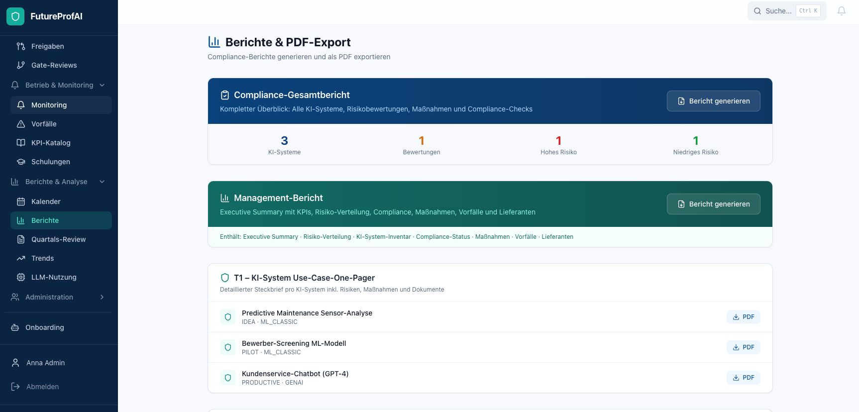 FutureProfAI Berichte & PDF-Export mit Management-Bericht