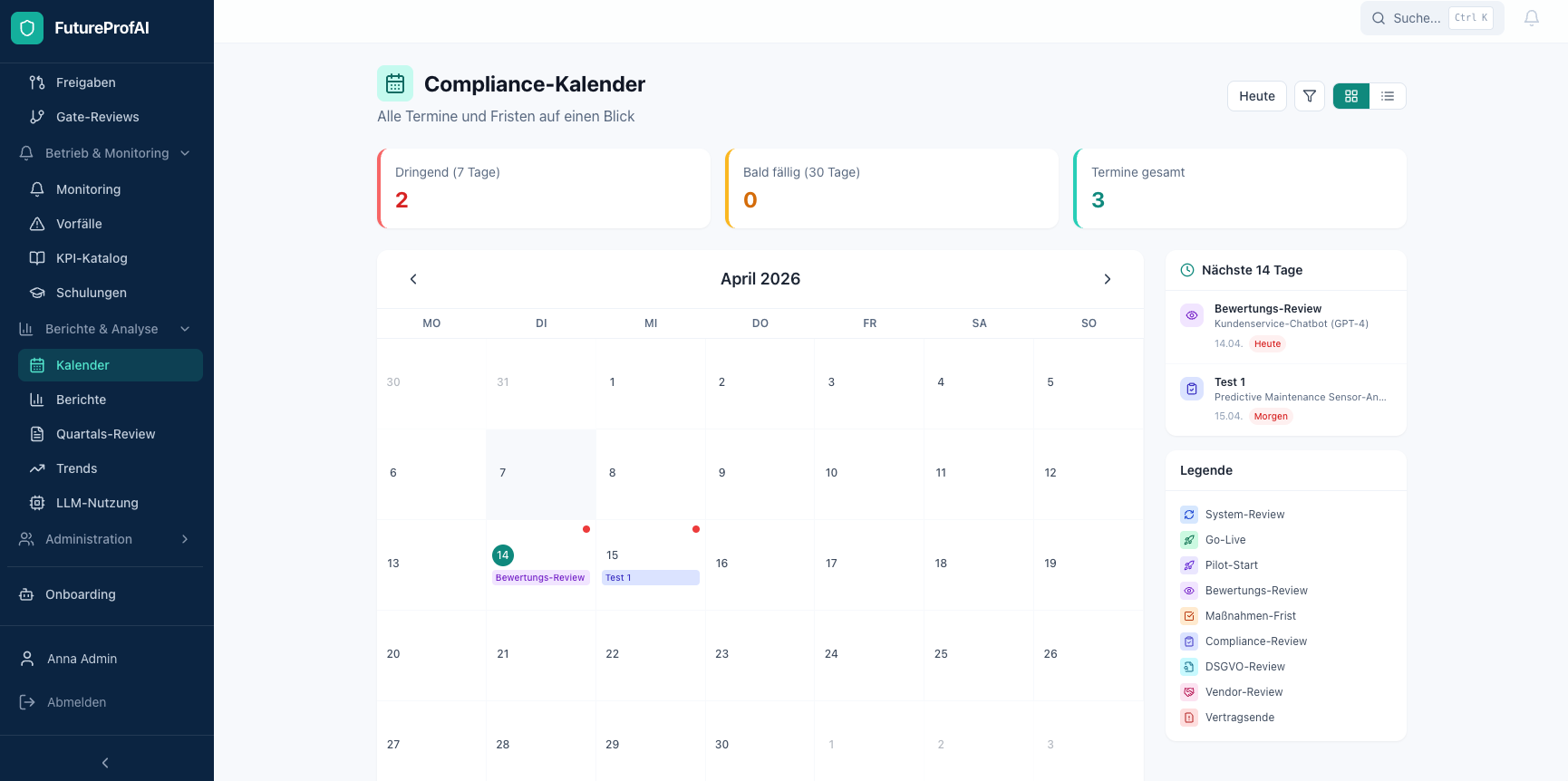 FutureProfAI Compliance-Kalender mit Farbcodierung nach Dringlichkeit