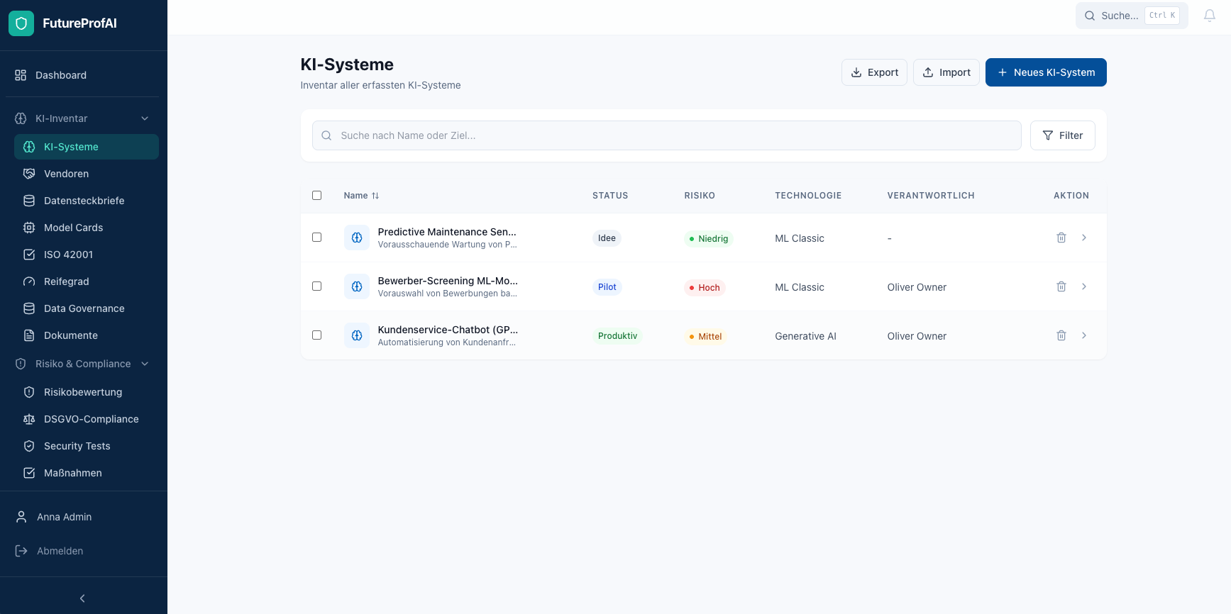FutureProfAI KI-System-Inventar mit Filteransicht und Risikobewertung