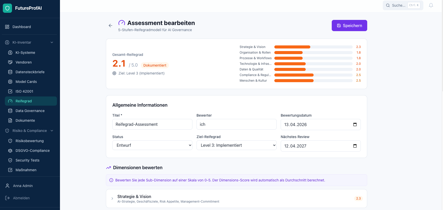FutureProfAI Reifegrad-Assessment mit dimensionsbasierter Bewertung